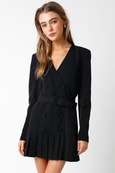 Upgrade your LBD collection with the Rhodes Dress! This blazer-inspired mini dress features a timeless long sleeve and a chic pleated hem detail. Complete with a belted waist for a flattering fit, this dress is versatile and perfect for any occasion. Add a touch of sophistication to your wardrobe today! Shower Dresses, Dresses By Length, Rhodes, Girly Girl, Pleated Dress, Long Tops, Bottoms Pants, Short Tops, Denim Dress