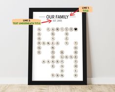 a framed poster with the word family on it and two arrows pointing to each other