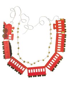 a necklace made out of red and white train cars on a beaded chain with gold accents