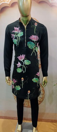 Black flower hand painted set ok kurta  make you glow bright and shine. Style and Work - Crafted in comfortable inner cotton, this kurta is designed in a base fabric Natural rayon and hand painted by our artisan in floral shade. This hand painted kurta take little bit extra time then other outfit due to hand paint get 4-7 day for creation. Include:-  (i) Kurta (top) with inner cotton layer (ii) Pant/chudidar (bottom) Traditional Long Sleeve Kurta With Digital Print, Long Sleeve Kurta With Digital Print For Festivals, Traditional Spring Kurta With Digital Print, Long Sleeve Digital Print Kurta For Festivals, Diwali Long Sleeve Digital Print Kurta, Festival Long Sleeve Kurta With Digital Print, Traditional Cotton Kurta With Digital Print, Casual Festive Kurta With Digital Print, Casual Digital Print Kurta For Festive Season