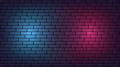 a brick wall with blue and pink lights