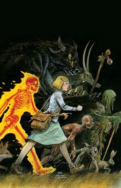 a woman walking next to a demon with a bag on her shoulder in front of a fire