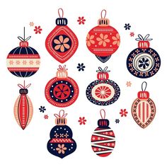 christmas ornaments are hanging from strings and decorated with red, white and blue colors on a white background