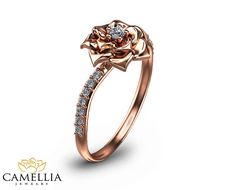 Camellia Flower Ring 14K Rose Gold Diamond Ring Rose Gold Rose Gold Flower Ring For Valentine's Anniversary, Elegant Flower Rings For Valentine's Day, Elegant Rose Detail Rings For Anniversary, Formal Rose Gold Rings With Rose Design, Elegant Rose Flower Ring For Anniversary, Elegant Wedding Rings With Rose Details, Elegant Wedding Rings With Roses Design, Elegant Wedding Rings With Roses, Rose Gold Flower Ring With Roses For Anniversary