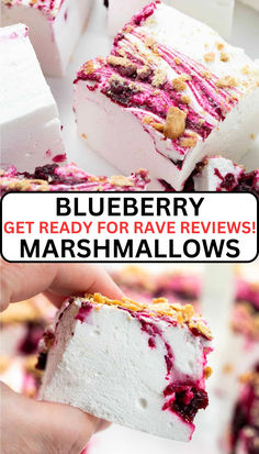 one image shows the top of a marshmallow and the second shows the side of one. Blueberry Marshmallows, Cheesecake Marshmallow, Marshmallow Dessert Recipes, Gourmet Marshmallows, Marshmallow Desserts, Homemade Marshmallow Recipe, Gourmet Marshmallow, Blueberry Syrup