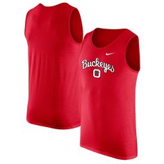 Stay cool and dry during hot weather in this Ohio State Buckeyes tank top. Made by Nike, it features sweat-wicking Dri-FIT technology and a blend of soft, durable fabrics. A vintage Ohio State Buckeyes logo printed on the chest reps your devotion to the team. Nike Dri-fit Activewear For Sports Events, Collegiate Sleeveless Cotton Top, Moisture-wicking Cotton Tank Top, Sleeveless Cotton Sports Top, Team Spirit Red Sleeveless Tops, Team-colored Breathable Sportswear Tops, Collegiate Sleeveless Breathable Tops, Collegiate Cotton Sleeveless Tank Top, Collegiate Sleeveless Cotton Tank Top