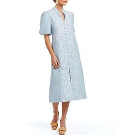 Mestiza New York Linen Blend Elliana Mandarin Collar Puff Sleeve Embroidered Button Front Midi Dress | Dillard's Elegant Dress With Floral Embroidery And Bishop Sleeves, Elegant Floral Embroidery Dress With Bishop Sleeves, Elegant Puff Sleeve Dress With Buttons For Daywear, Elegant Puff Sleeve Dress With Button Cuffs For Spring, Elegant Puff Sleeve Dress For Daywear With Buttons, Elegant Spring Puff Sleeve Dress With Button Cuffs, Elegant Bishop Sleeve Dress With Button Cuffs, Elegant Dress With Bishop Sleeves And Button Cuffs, Elegant Embroidered Midi Dress For Daywear