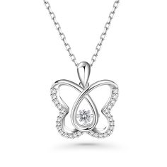 Showing elegant and timeless beauty, this necklace makes an adorable gift for yourself or loved one. The center of the butterfly is decorated with a dancing stone, which refracts and sparkles in the light. Sparkling stones add an element of glamour to this feminine design. Dainty and shimmering, this necklace is sure to cherish.Carat Weight: 0.18 ctStone Size: 3 mmStone Type: Jeulia® StoneNumber of Stones: 1 Stone Color: Diamond WhiteStone Shape: RoundCarat Weight: 0.32 ctStone Size: 1,1.2 mmSto Elegant Butterfly Birthstone Jewelry, Elegant Silver Butterfly Necklace With Cubic Zirconia, Elegant Silver Butterfly Necklace In Cubic Zirconia, Butterfly Diamond Necklace For Anniversary, Diamond Butterfly Necklace For Anniversary, Elegant Butterfly Necklace For Anniversary, Elegant Silver Diamond Butterfly Necklace, Elegant Butterfly Pendant Necklace For Anniversary, Silver Butterfly Necklace With Diamond Accents