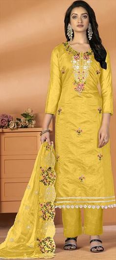 Yellow color Salwar Kameez in Art Silk fabric with Embroidered, Thread work Yellow Churidar With Floral Embroidery For Eid, Yellow Floral Embroidered Churidar For Eid, Festive Yellow Floral Embroidered Churidar, Festive Yellow Churidar With Floral Embroidery, Floor-length Yellow Salwar Kameez With Intricate Embroidery, Semi-stitched Yellow Salwar Kameez With Intricate Embroidery, Elegant Semi-stitched Yellow Salwar Kameez, Yellow Semi-stitched Slub Silk Salwar Kameez, Semi-stitched Yellow Jamawar Salwar Kameez