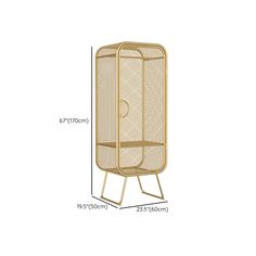 the golden metal stand has an open door and is shown with measurements for each section