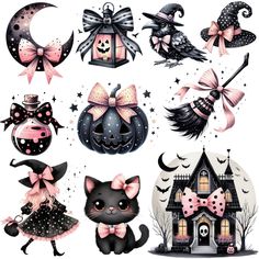 a set of halloween stickers with cute cats and pumpkins on the front, witch's house in the background