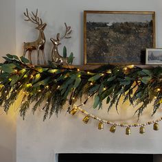 a fireplace mantle decorated with christmas lights and greenery