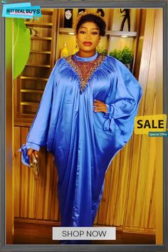 Casual Solid Color Muslim Abaya African Ladies Plus Size Dress Blue Long Sleeve Thobe For Party, Elegant Long Sleeve Blue Thobe, Blue Long Sleeve Abaya For Party, Elegant Blue Long Sleeve Agbada, Elegant Blue Party Thobe, Long Sleeve Agbada For Eid Party, Ladies Plus Size Dresses, African Ladies, Curvy Dress