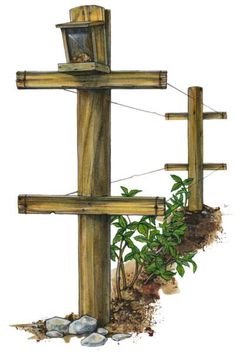 a painting of a wooden cross with plants growing out of the ground next to it