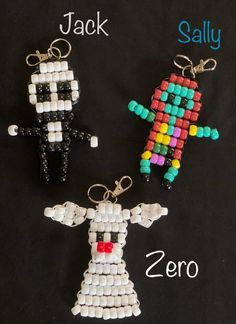 three different types of beaded keychains on a black background with the words, jack sally and zero