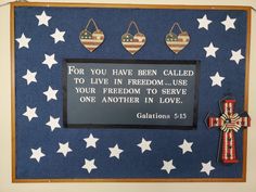 a bulletin board with three crosses and two plaques on it that say, for you have been called to live in freedom use your