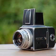 an old camera sitting on top of a wooden table next to a green tree in the background