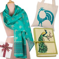 The peacock, a symbol of royalty, divinity and elegance, is the main inspiration for artisans Asha Prabha and Isha Jain of India, bringing this marvelous curated gift set to life. Displaying sublime artistry and beauty, the artisans fill the box with charming designs, which include a handmade paper journal with a precious peacock portrait, a convenient cotton open-top shoulder bag featuring an elegant peacock silhouette, and a majestic cotton and silk shawl whose teal hue is ornamented with zari threads. Peacock Silhouette, Peacock Portrait, Handmade Paper Journal, Paper Journal, Gift Suggestions, The Peacock, Silk Shawl, Premium Gift, Journal Paper