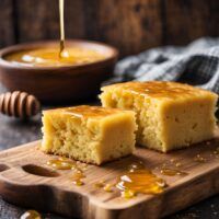 two pieces of cake on a cutting board with honey being drizzled over them