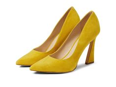 Nine West Trendz - Women's Shoes : Yellow : With an elegant tall spool heel and pointed-toe silhouette, the Nine West Trendz are a fashion forward pump perfect for work or play. Slip-on pump design. Genuine leather upper. Manmade lining and insole. Durable manmade outsole. Imported. Measurements: Heel Height: 4 in Weight: 9 oz Product measurements were taken using size 9, width M. Please note that measurements may vary by size. Weight of footwear is based on a single item, not a pair. Yellow Round Toe Heels For Work, Office Pumps With 4-inch High Heel, Elegant Yellow Court Shoes With 4-inch Heel, Yellow Fitted Heels For Formal Occasions, Yellow Pointed Toe Heels For Work, Yellow Pointed Toe Heels For Workwear, Formal Yellow Block Heels, Yellow High Heels For Office, Formal Yellow Block Heel Heels