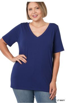 Exclusive deal alert! Navy Blue Zenana V-Neck Top, available for a limited time at the incredible price of $16.00 Blue V-neck T-shirt For Loungewear, Chic Navy V-neck Top, Navy Casual V-neck T-shirt, Curvy Shorts, Graphic Tee Dress, Curvy Jeans, Curvy Dress, Short Jumpsuit, Tee Dress