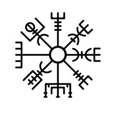 an image of a compass in black and white, with symbols around the circle on it