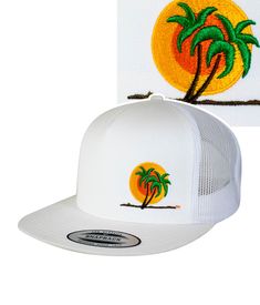 6006 Classic Snapback Trucker Hat, Baseball Cap with NICERIDE's Classic Palm Logo embroidered on the front left and NICERIDE embroidered on the right side. Designed, Embroidered and Shipped in the United States. White Embroidered Trucker Hat, Embroidered Snapback Trucker Hat For Beach, White Snapback Hat With Embroidered Patch, Embroidered White Trucker Hat With Flat Bill, White Embroidered Snapback Hat With Flat Brim, White Embroidered Baseball Cap With Flat Brim, White Embroidered Trucker Hat With Curved Brim, Custom Embroidered White Hat, White Custom Embroidered Hat