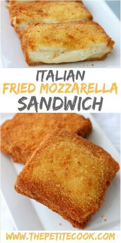 fried mozzarella sandwich on a white plate with text overlay that reads italian fried mozzarella sandwich