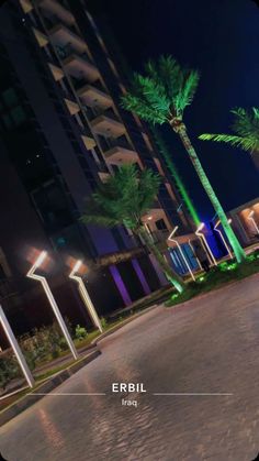 an empty street at night with palm trees in the foreground and apartment buildings in the background