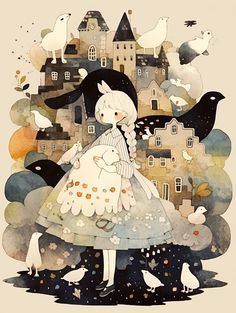 an illustration of a girl holding a rabbit in front of a castle with birds flying around