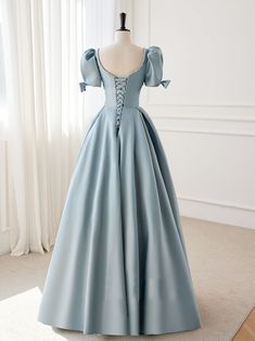 Light Blue Satin Dress For Banquet, Blue Evening Dress With Corset Back And Fitted Bodice, Blue Satin Ball Gown Dress, Blue Evening Dress With Sweetheart Neckline And Corset Back, Light Blue Satin Dress For Prom Season, Blue Satin Dress With Sweetheart Neckline, Elegant Light Blue Ball Gown Dress, Blue Satin Dress For Debutante Ball, Blue Wedding Dress With Corset Back