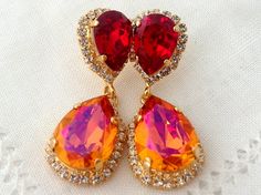 Orange pink and deep red Swarovski Chandelier by EldorTinaJewelry Drop Earrings Wedding, Crystal Chandelier Earrings, Earrings Wedding, Swarovski Earrings, Dress Jewelry, Red Crystals, Stunning Earrings, Perfume Collection, Art Deco Jewelry