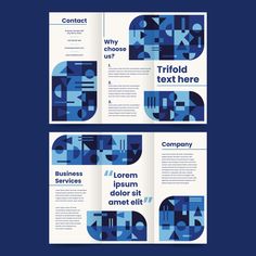 three fold brochure with blue geometric shapes on the front and back pages, one is