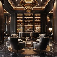 a living room filled with lots of furniture and a chandelier hanging from the ceiling