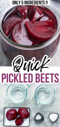 top image: pickled beets in glass jar. bottom image: ingredients for pickled beets. Title text: Quick Pickled Beets: Only 5 Ingredients!! Refrigerator Pickled Beets, Goals Chart, Roasted Beets Recipe, Pickled Beets Recipe, Dump Recipes, Pickled Onion, Christmas Popcorn, Salty Popcorn, Quick Pickled