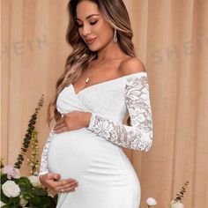 Brand New White Lace Maternity Dress For Party, Fitted Lace Maternity Dress V-neck, Chic Fitted White Maternity Dress, Long Sleeve Lace Maternity Dress, Fitted Long Sleeve Maternity Dress For Summer, Fitted Long Sleeve Summer Maternity Dress, Long Sleeve Summer Maternity Dress For Party, White Off-shoulder Maternity Dress, Off-shoulder Maternity Dress For Party