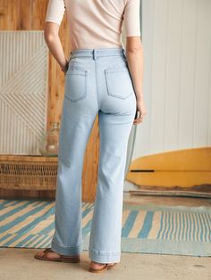 It's all about our signature Stretch Terry fabric in this 70s-inspired high waist, wide-leg style. With all the softness and washed character of your favorite denim and the stretch and comfort of a pair of lounge pants – we've been perfecting these for a few seasons now to be your go-to everyday pants.  Each piece of f Trendy Light Wash High-waisted Flare Jeans, Chic Light Wash Mid-rise Wide Leg Pants, Light Wash Relaxed Fit Full-length Wide Leg Pants, Fall Light Wash High-waisted Flare Jeans, Chic Denim Blue Relaxed Fit Flare Jeans, Relaxed Fit Full Length Light Wash Wide Leg Pants, Chic Relaxed Fit Denim Blue Flare Jeans, Light Wash Wide Leg Pants With Relaxed Fit, Fall High-waisted Light Wash Flare Jeans