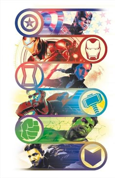 the avengers movie poster is shown with many different characters and symbols on it's sides