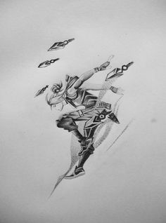 a pencil drawing of a person on skis in the air with other skiers behind them