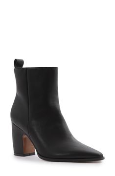 This versatile leather bootie is a perfect everyday staple with its clean-lined, sleek silhouette that features a modern blunted toe and curved block heel. 3 1/2" heel 5" shaft Side zip closure Leather upper/textile and leather lining/rubber sole Imported Chic Platform Boots With Stacked Heel For Work, Sleek Heeled Boots With Stacked Block Heel, Chic Platform Boots With Sculpted Heel For Work, Chic Workwear Platform Boots With Sculpted Heel, Sleek Block Heel Boots Medium Width, Block Heel Boots With Branded Heel Counter For Work, Workwear Boots With Block Heel And Branded Heel Counter, Sleek Boots With Block Heel, Ankle-high Heeled Boots With Stacked Heel For Work