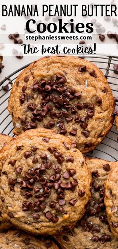 chocolate chip banana peanut butter cookies on a cooling rack with text overlay that reads, the best cookies