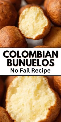 collage of two pictures with the words, colombia bunnulos no fail recipe