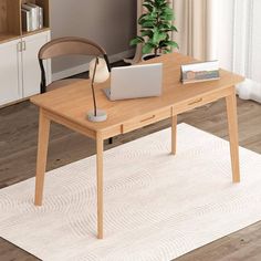 a table with a laptop on it in front of a book shelf and a potted plant