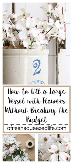 white flowers in a vase with text overlay how to save money decorating with faux flowers