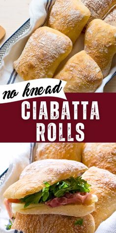 no knead ciabata rolls with ham and lettuce in them on a plate