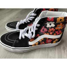 New Without Tags - Vans High Top Sneakers Black With Colorful Flowers Lace Up Women's 10.5 / Men's 9 Floral Print High-top Sneakers For Streetwear, Sporty Floral Print Sneakers With Round Toe, Black High-top Canvas Shoes For Spring, Sporty Floral Print Sneakers For Streetwear, Retro Black Lace-up Canvas Shoes, Black Retro Lace-up Canvas Shoes, Black Skate Shoes With Rubber Sole For Spring, Black Retro Canvas Shoes With Round Toe, Black Mid-top High-top Sneakers For Spring