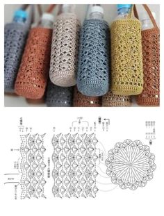 crocheted water bottles are lined up in rows and the pattern is shown below