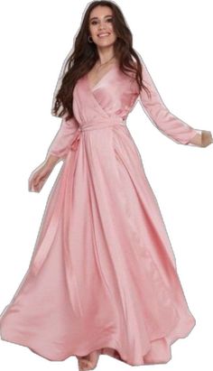 Pink Floor-length Satin Dress, Satin Maxi Dress For Spring, Feminine Flowy Silk Maxi Dress, Satin Finish Bridesmaid Dress, Spring Satin Midi Wrap Dress, Spring Satin Wrap Dress, Midi Length, Chiffon Wrap Dress For Party, Spring Dresses With Satin Finish, Flowy Long Sleeve Wrap Dress