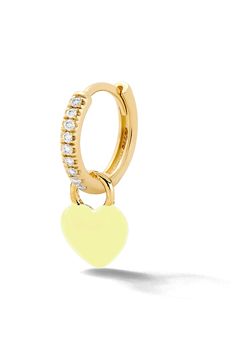 A little love goes a long way. Customize your charm with your choice of enamel color. Choose between plain gold or pavé white diamond huggie. Yellow Gold Enamel Huggie Jewelry, Yellow Gold Enamel Huggie Earrings For Gift, Yellow Gold Enamel Huggie Earrings As Gift, Alison Lou, Earring Gold, Tiny Heart, Fine Jewelry Designers, White Diamond, Heart Charm