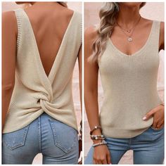 New Chic Twist Back Plunge Knit Tank Top * Sleeveless * V Neck * Deep V Twist Back * Semi Sheer Loose Knit * Soft Stretch *Approximate Unstretched Measurements* Small (4) *Bust 30.75" * Length 20" Medium (6) *Bust 32.25* Length 20.5" Large (8/10) *Bust 34.5" * Length 21" Xl (12) *Bust 37" * Length 21.5" In Transit ** Will Ship In Approx 6- 12 Days Color : Beige Tan Cream Fabric : Knit Viscose & Poly #Flowy Loose Relaxed Spring Summer Beachy Coastal Cover Up Fall Casual Dress Nashville Country Mu Beige Fitted V-neck Tank Top, Beige Stretch Knit Top With V-neck, Knit V-neck Tank Top For Day Out, Beige Stretch V-neck Tank Top, Beige V-neck Knit Top For Day Out, Beige V-neck Vest Top, Chic Beige V-neck Sweater Vest, Chic V-neck Vest Knit Top, Chic V-neck Knit Vest Top